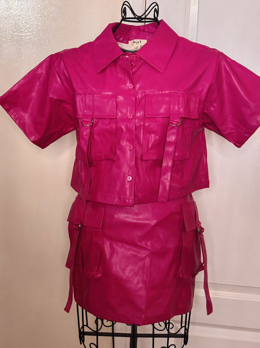 Pink Collar Short Sleeves Leather Jacket Set