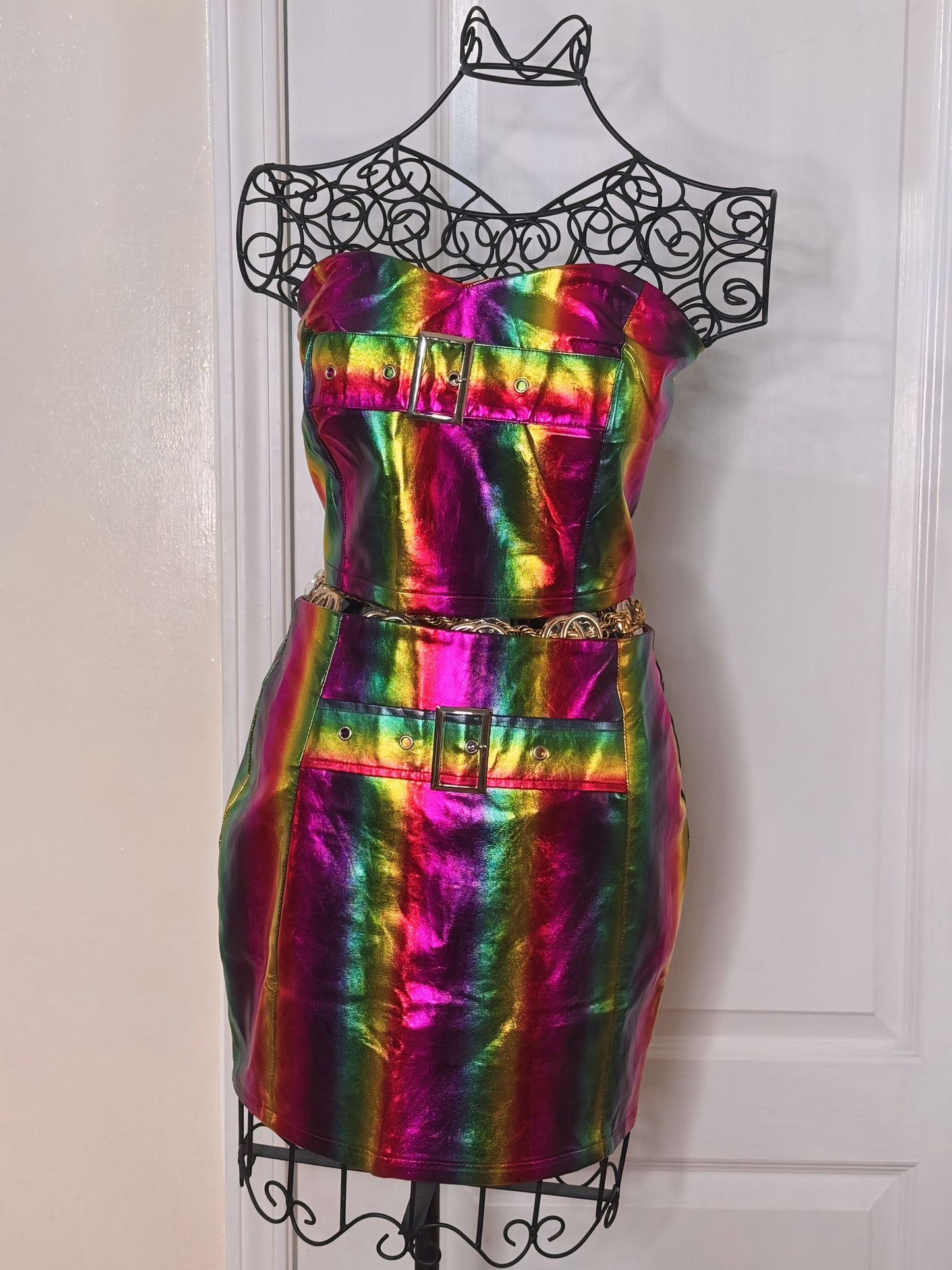 Rainbow Leather Strapless Top and Skirt Set with Gold Color Belt