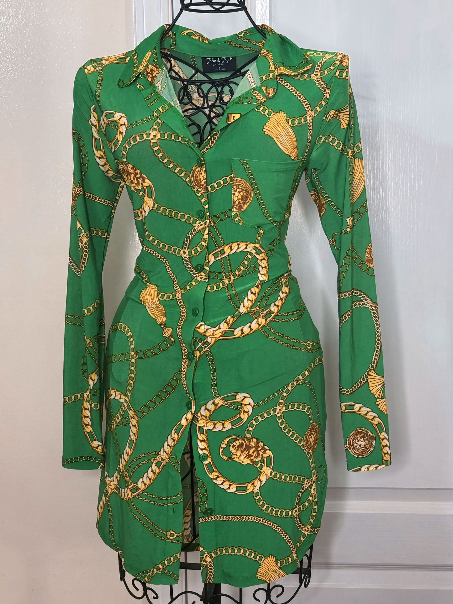 Women Collar Long Sleeves Shirt Dress Green