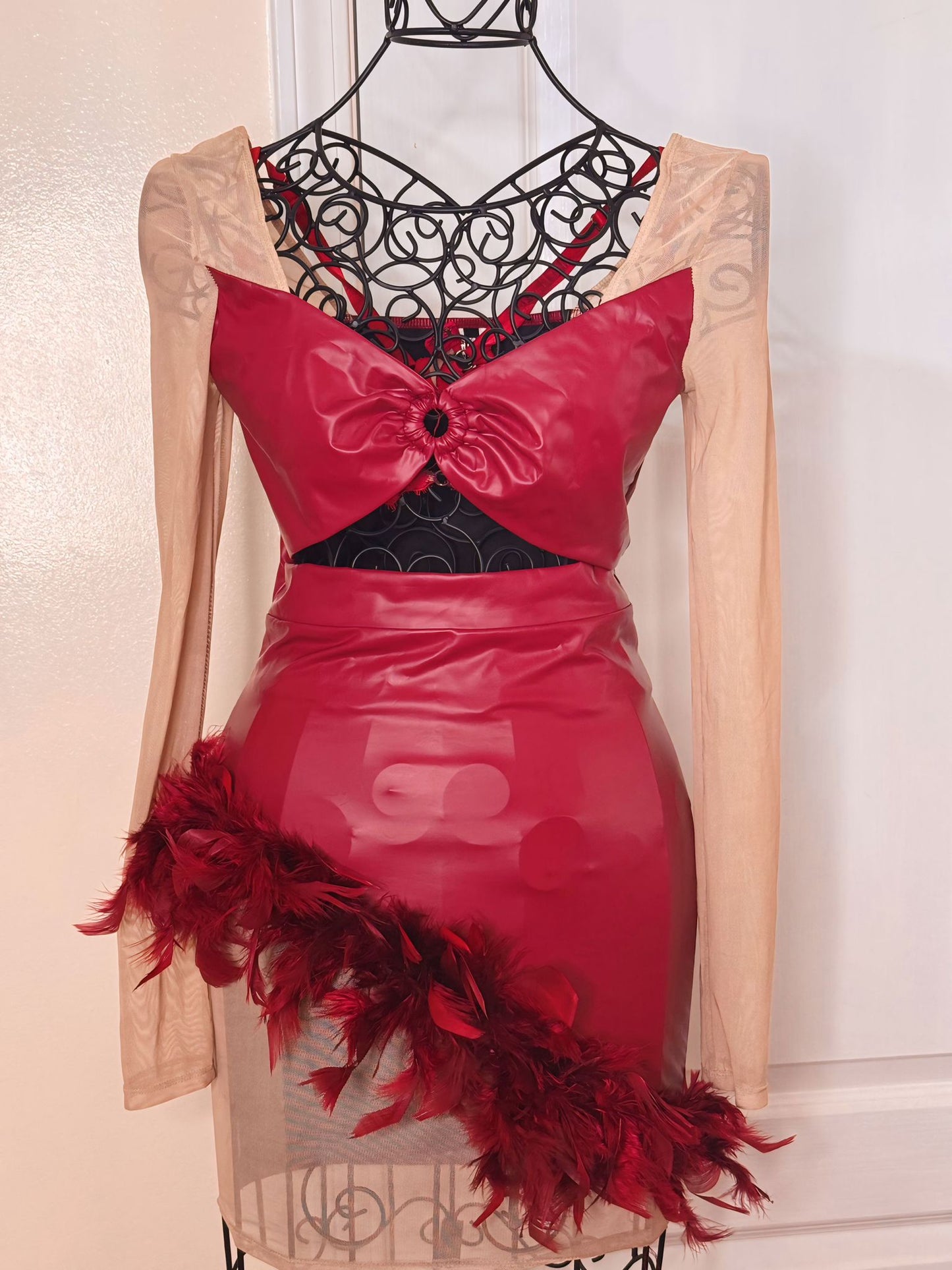 Women's Matching Set. Red Top with Mesh Sleeves and Matching Leather and Mesh Skirt with Feathers